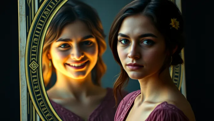 Символическое изображение человека, смотрящего в зеркало-карту Таро, отражающее его внутренний конфликт между истинными и проявляемыми эмоциями.