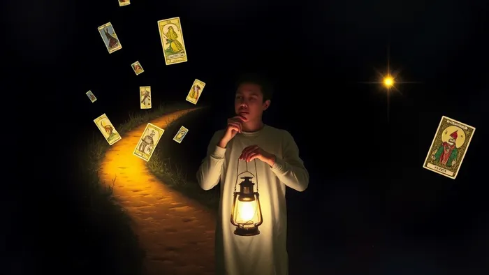 Символическое изображение человека на развилке путей с парящими картами Таро, олицетворяющими страхи и надежды на пути к своему бизнесу.