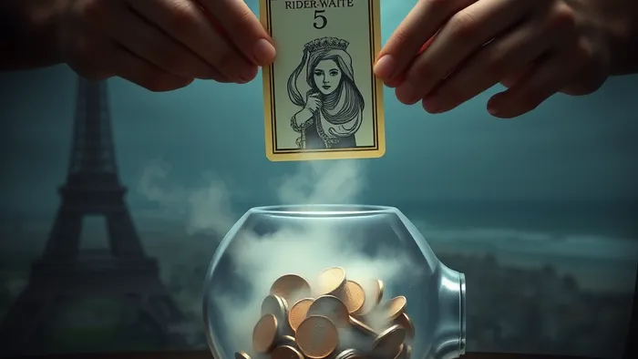 Символическое изображение руки, держащей карту Таро над копилкой, из которой деньги превращаются в дым. На заднем плане — размытый образ желанного путешествия.