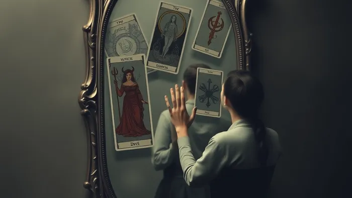 Символическое изображение самоанализа: человек смотрит в зеркало, в отражении которого видны карты Таро, символизирующие внутренние блоки и эмоции.