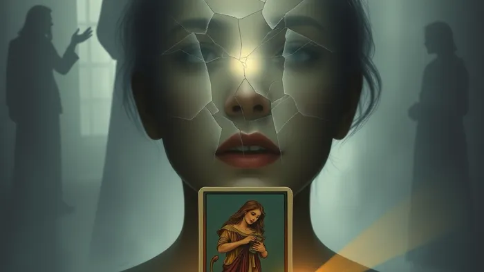 Символическое изображение заблокированного самовыражения: силуэт человека и треснувшее стекло перед ртом. На заднем плане — тени прошлого. На переднем плане освещена карта Таро 'Сила'.