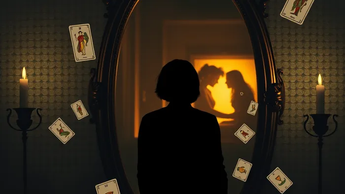 Символическое изображение человека, смотрящего в зеркало, где отражается не его лицо, а воспоминание о прошлых отношениях. Вокруг парят карты Таро, связанные с памятью, любовью и незавершенными циклами.