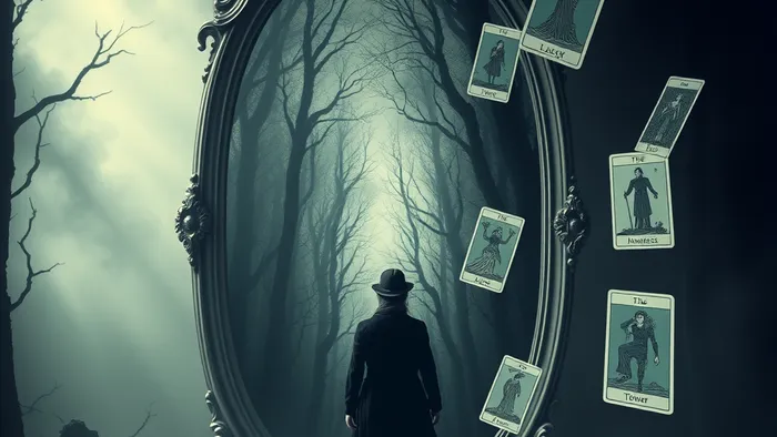 Символическое изображение человека перед зеркалом, отражающим внутренний лес. Вокруг парят фрагменты карт Таро, символизирующие паттерны поведения.