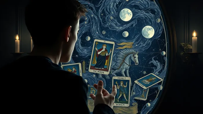 Символическое изображение человека перед зеркалом, отражающим арканы Таро (Император, Отшельник, Колесница, Луна), которое иллюстрирует концепцию невидимых внутренних барьеров в отношениях.