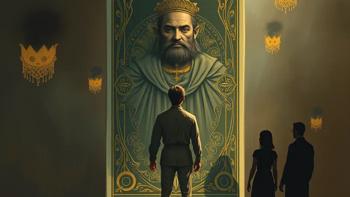 Символическое изображение: человек смотрит в карту Таро как в зеркало и видит в отражении архетипы, которые создают тени, отталкивающие других людей.