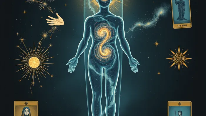 Символическое изображение человека, притягивающего яркие, но быстро угасающие связи. Внутри фигуры — галактика, вокруг парят карты Таро: Жрица, Рыцарь Кубков и Звезда.