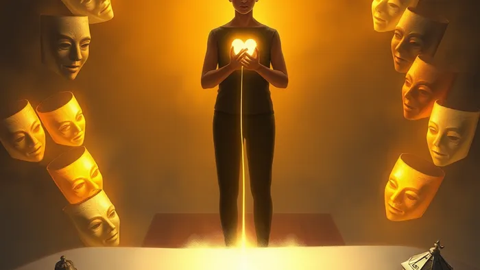 Символическое изображение человека в центре круга дружеских масок, с картами Таро (Рыцарь Пентаклей, Императрица, Отшельник) на столе, олицетворяющее тему притяжения дружбы, но не любви.