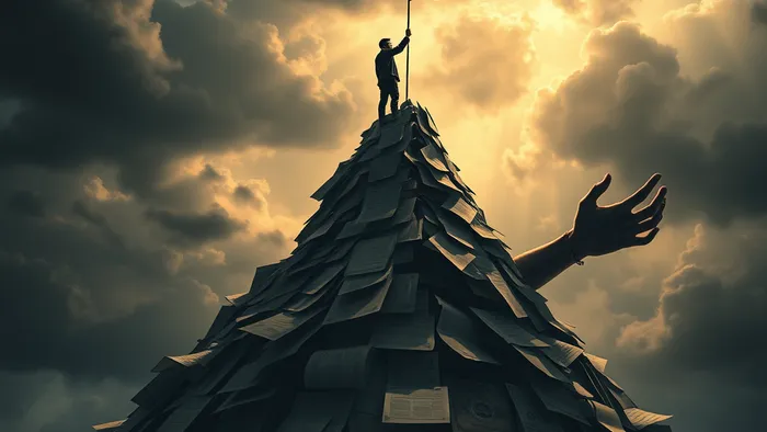 Символическая иллюстрация само-саботажа: человек на вершине карьерной горы, а его тянет назад тень, превращающаяся в руки. В небе — образы арканов Таро «Башня» и «Дьявол».