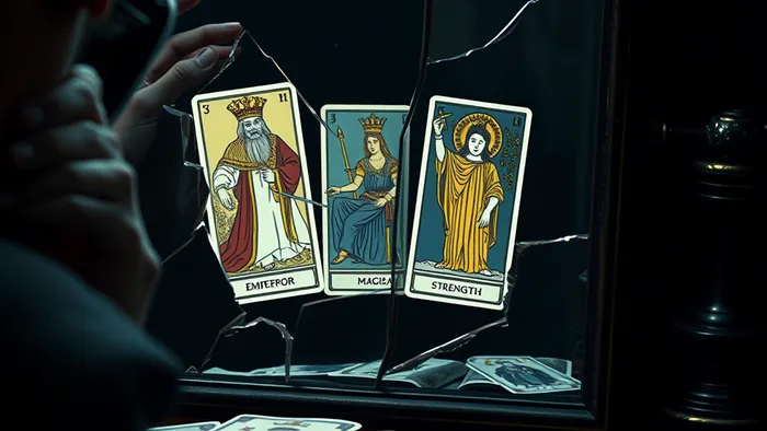 Человек смотрит в треснувшее зеркало, в осколках которого видны отражения карт Таро: Император, Маг и Сила. На столе лежит колода карт.