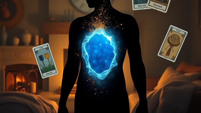 Символическое изображение человека с энергетической 'дырой' в ауре, через которую утекает тепло. На фоне уютная комната, создающая контраст с внутренним холодом.
