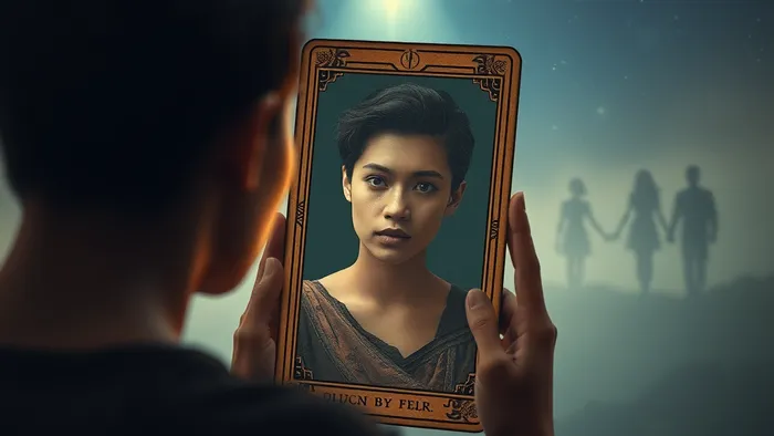 Символическая иллюстрация: человек смотрит в карту Таро как в зеркало, видя своё истинное отражение, в то время как тени неподходящих партнёров растворяются на заднем плане.