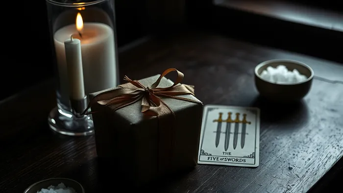 Символичный натюрморт: подарок с развязанной лентой, карта Таро Пятерка Мечей, свеча и соль на темном дереве. Тема выбора и очищения.