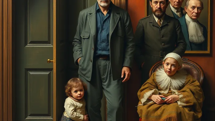 Метафорическое изображение влияния подавленного детского стыда на взрослые решения. Взрослый и его детская тень, арканы Таро на фоне.