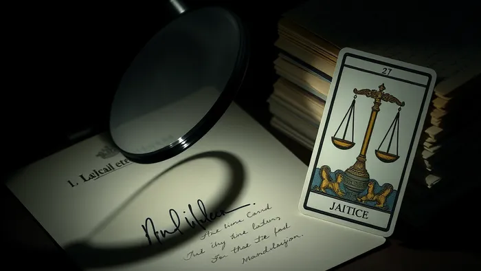 Символическое изображение темы: спорная подпись под увеличительным стеклом и карта Таро "Правосудие" на фоне старых документов.