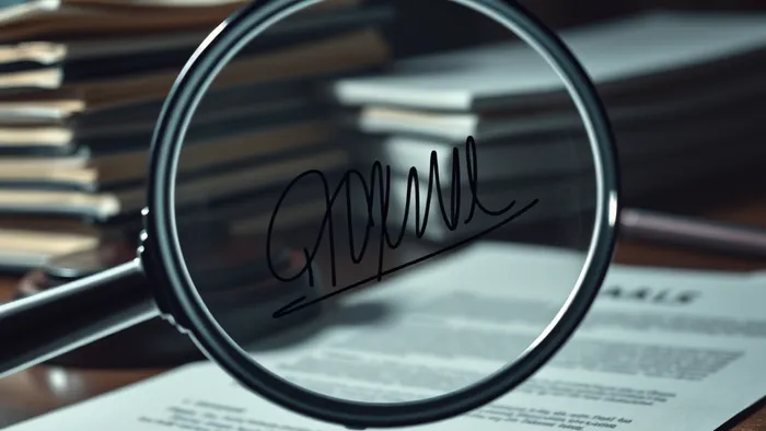 Крупный план увеличительного стекла над спорной подписью на документе, символизирующий судебную экспертизу почерка.
