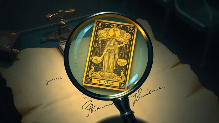Сюрреалистичное изображение: лупа над документом с подписью, в которой отражается карта Таро Правосудие. Символика суда и эзотерики.