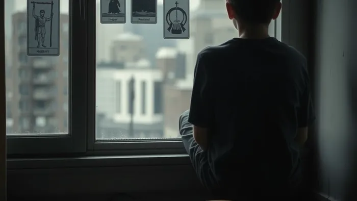 Подросток у окна в размышлениях, с символическими отражениями карт Таро Отшельник, Повешенный и Звезда на стекле