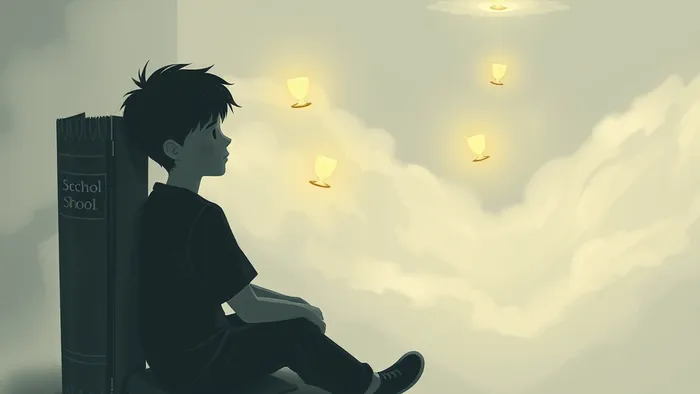 Символическое изображение подростка в состоянии апатии: он отвернулся от книг и возможностей, его взгляд устремлен в туманную даль, рядом лежит карта Таро 9 Мечей.