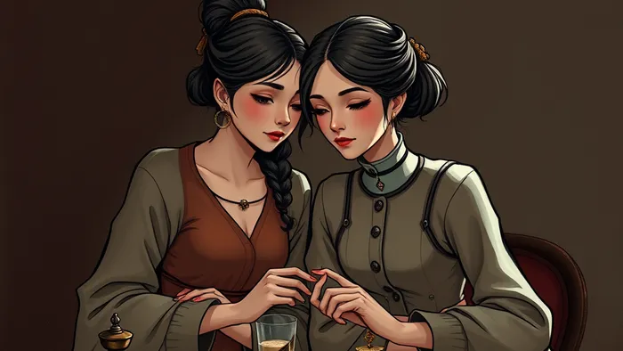 Две женщины спиной друг к другу на шахматной доске с картами Таро. Символ конкуренции и отражения в дружбе.