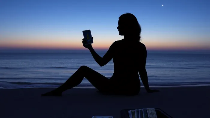 Силуэт человека на пляже в сумерках держит в руках карту Таро Колесница, рядом на песке открытая колода и чемодан. Символическое изображение принятия решения о поездке с помощью Таро.