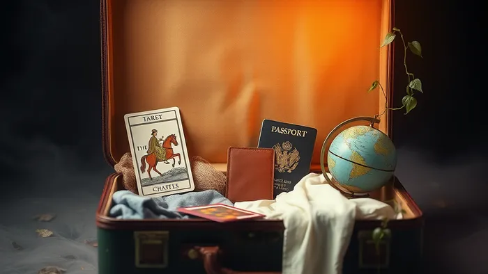 Открытый старинный чемодан, в котором вместо вещей лежат карты Таро, глобус и документы — символ подготовки к долгому путешествию и гаданию на его исход.