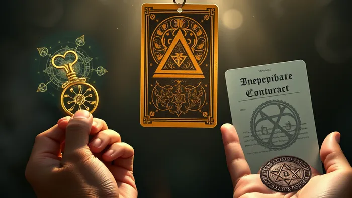 Символическое изображение выбора между независимостью (ключ) и поглощением (контракт) с центральной картой Таро Двойка Пентаклей, олицетворяющей решение и баланс.