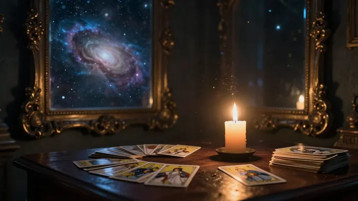 Мистический стол с картами Таро и свечой, где зеркало отражает звездное небо, символизируя поиск истины и глубины подсознания.