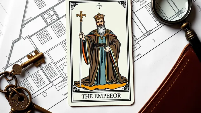 Карта Таро 'Император' на фоне архитектурного плана дома, рядом ключи и лупа — символ анализа и принятия решений о недвижимости.