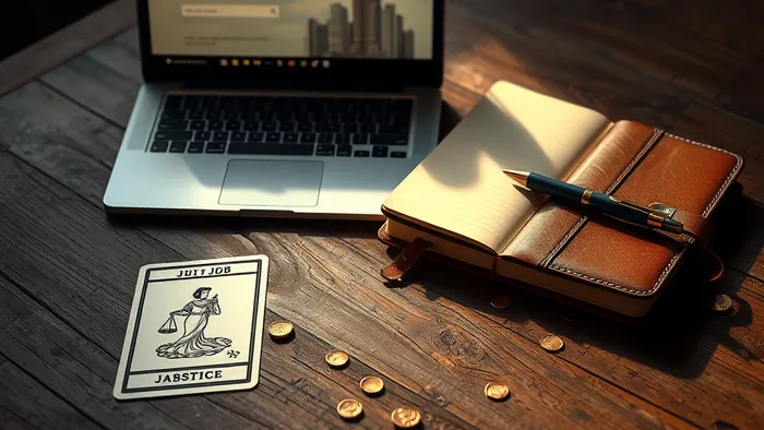 Символическая композиция: карта Справедливость Таро, ноутбук с поиском работы и две символические дороги на столе, олицетворяющие карьерный выбор.