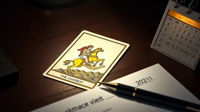 Карта Таро Колесница лежит на столе рядом с документами по оценке персонала и календарем, символизируя анализ карьерного продвижения и движения к цели