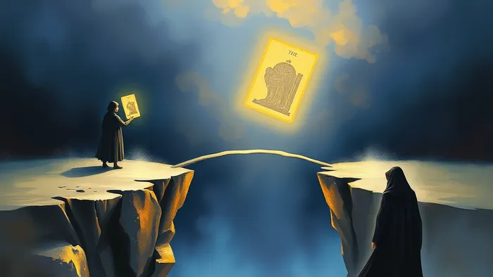 Символическое изображение двух берегов, разделенных бездной, и моста из света между ними как метафора расклада Таро на примирение. На одном берегу фигура с картой Влюбленные.