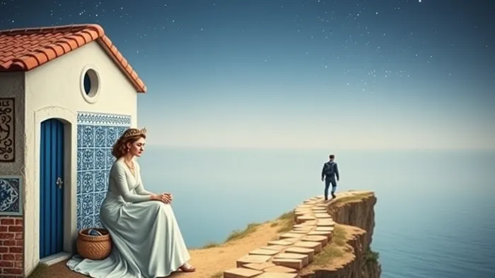 Символическое изображение архетипов Таро Императрица и Шут на фоне португальского пейзажа, олицетворяющих выбор между покупкой дома и арендой при переезде.