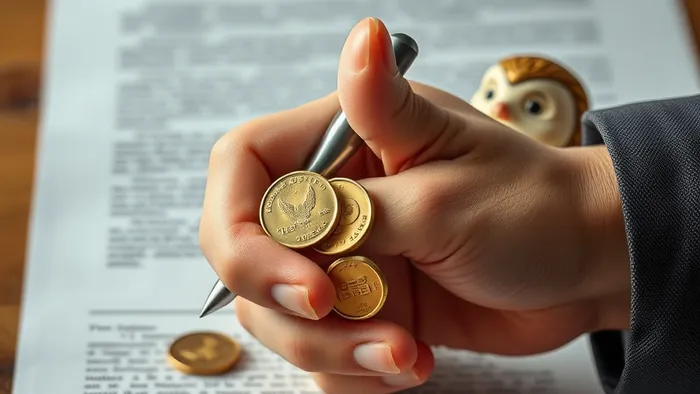 Рука с пером над кредитным договором-паутиной, в которой запутаны символы дружбы и денег. На фоне — карты Таро Двойка Мечей и Башня.