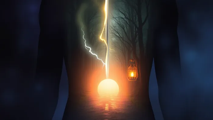 Символическое изображение выбора путей после болезни: резкий путь молнии и спокойный путь фонаря внутри силуэта человека