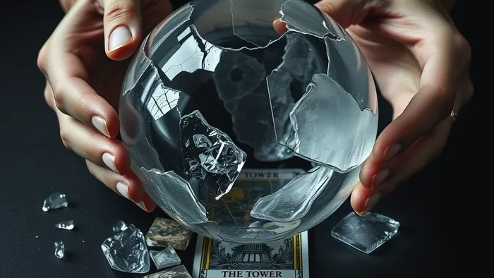 Символическое изображение разбитого хрустального шара и карты Таро Башня, олицетворяющее разрушенное доверие и кризис основ.