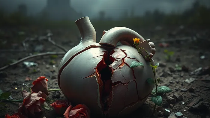 Символическое изображение разбитого сердца в саду после шторма: увядшие цветы прошлого и новый росток, пробивающийся сквозь трещины.