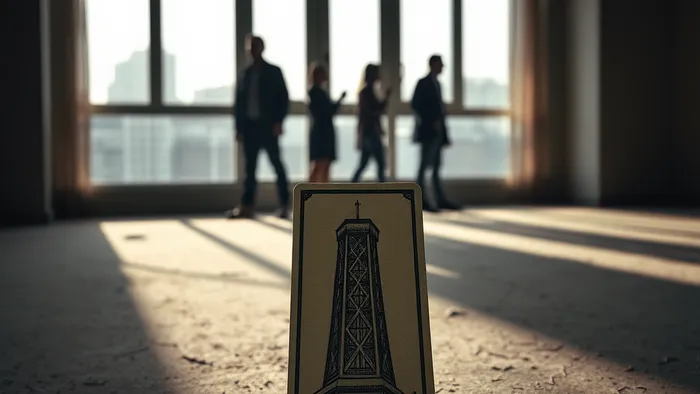 Карта Таро 'Башня' на полу пустой новой квартиры, в окне видны силуэты ссорящейся семьи. Символический образ переезда и кризиса.