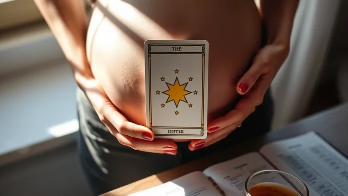 Руки женщины держат карту Таро Звезда на фоне живота, символизируя надежду и подготовку к беременности после пережитой потери.