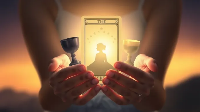 Символическое изображение: руки женщины держат светящуюся карту Таро Императрица, от которой исходит мягкий свет, намечающий контур будущего ребенка. Рядом перевернутые и полные чаши как символы потери и надежды.