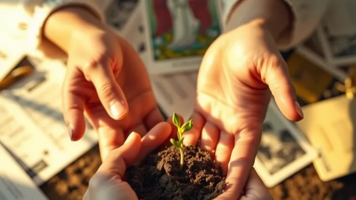 Символическое изображение планирования беременности: бережные руки, хрупкий росток, медицинские документы и карта Таро на заднем плане.