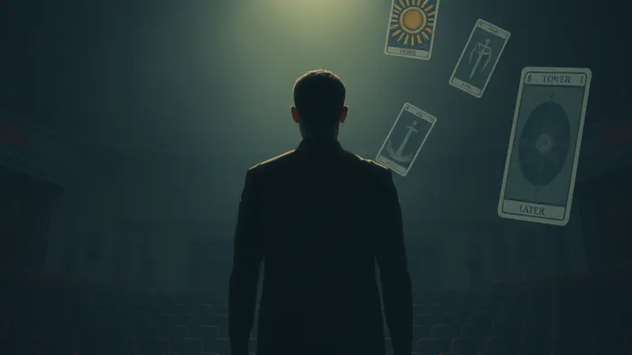 Человек в пустом зале смотрит на луч света на сцене. Вокруг тени парят карты Таро: Башня, Девятка Мечей, Солнце.