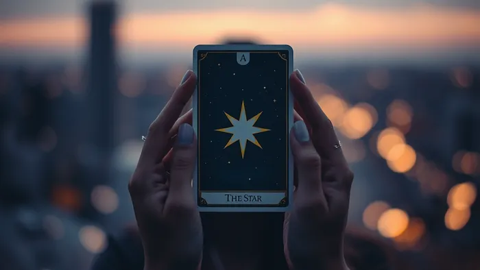 Руки женщины держат карту Таро «Звезда» на фоне закатного города, символизируя надежду и новый путь после трудного периода.