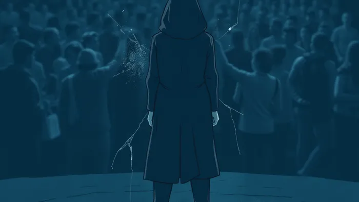 Символичное изображение: одинокая фигура спиной к зрителю, отделенная от размытой толпы энергетическим барьером. У ног лежат карты Таро: Луна, Отшельник и Девятка Жезлов.