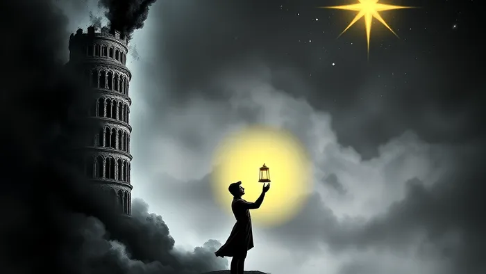 Символическая иллюстрация перехода после увольнения: рушащаяся Башня, фигура с фонарем (Отшельник) и светящееся семя (Туз Пентаклей) на фоне звездного неба.