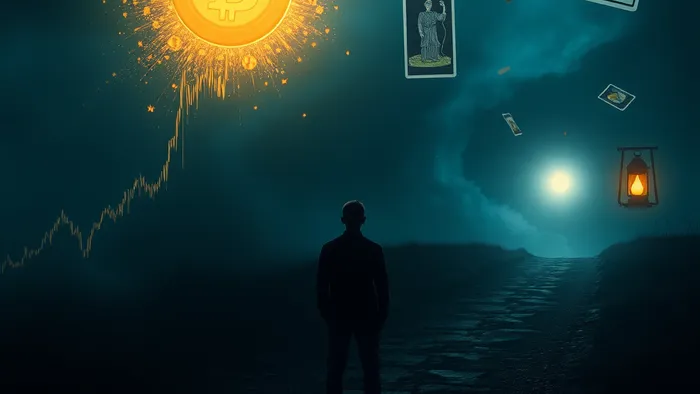 Символическое изображение выбора: человек на развилке между рискованной криптодорожкой и твёрдым путём с фонарём. В воздухе парят карты Таро Башня и Шут.