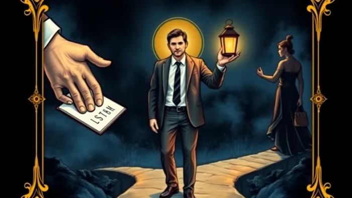 Символическое изображение выбора на перекрестке: рукопожатие над контрактом слева, поиск с фонарем справа, задумчивый бизнесмен в центре. Стиль, напоминающий карту Таро.