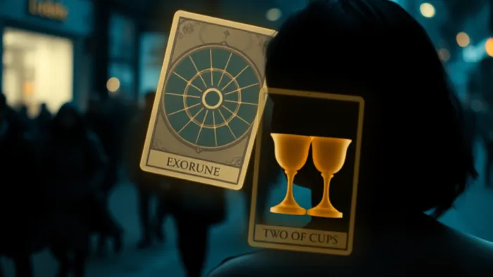 Символическая иллюстрация: женская фигура на городской улице, перед ней парят светящиеся карты Таро Колесо Фортуны и 2 Кубков, олицетворяющие размышления о частых встречах с бывшим.