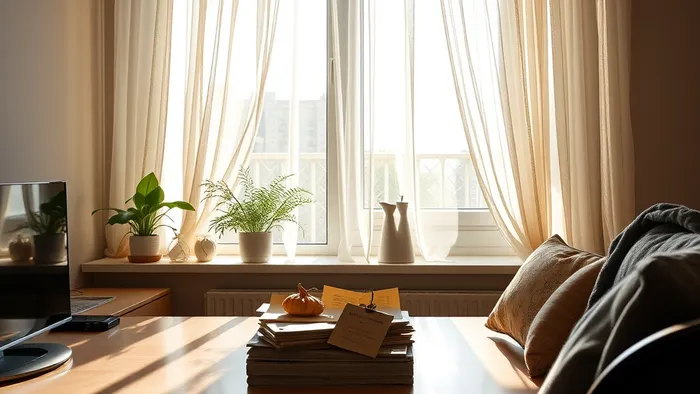 Раскрытая колода карт Таро на столе в полутемной комнате, луч света из окна падает на выпавшую карту Девятка Мечей, символизирующую тревогу и ночные страхи.