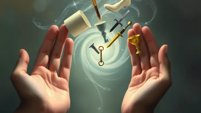 Символическое изображение конфликта в отношениях: бытовые мелочи превращаются в арканы Таро между двумя почти соприкасающимися руками.