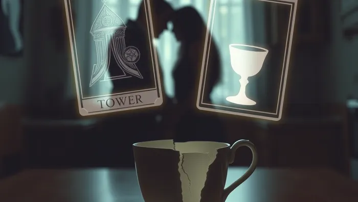 Символическое изображение бытового конфликта и его глубинного смысла через призму карт Таро: треснутая чашка и очертания арканов на фоне напряженной атмосферы между партнерами.